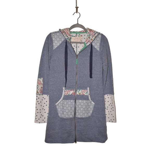 EVY'S TREE $79 Long Sleeve Zip Front Rosie Patchwork Hoodie Sky Blue Small - Picture 1 of 3